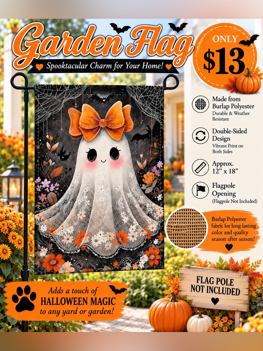 Garden flag, adorable Halloween ghost, burlap polyester, double-sided, 12”x18”